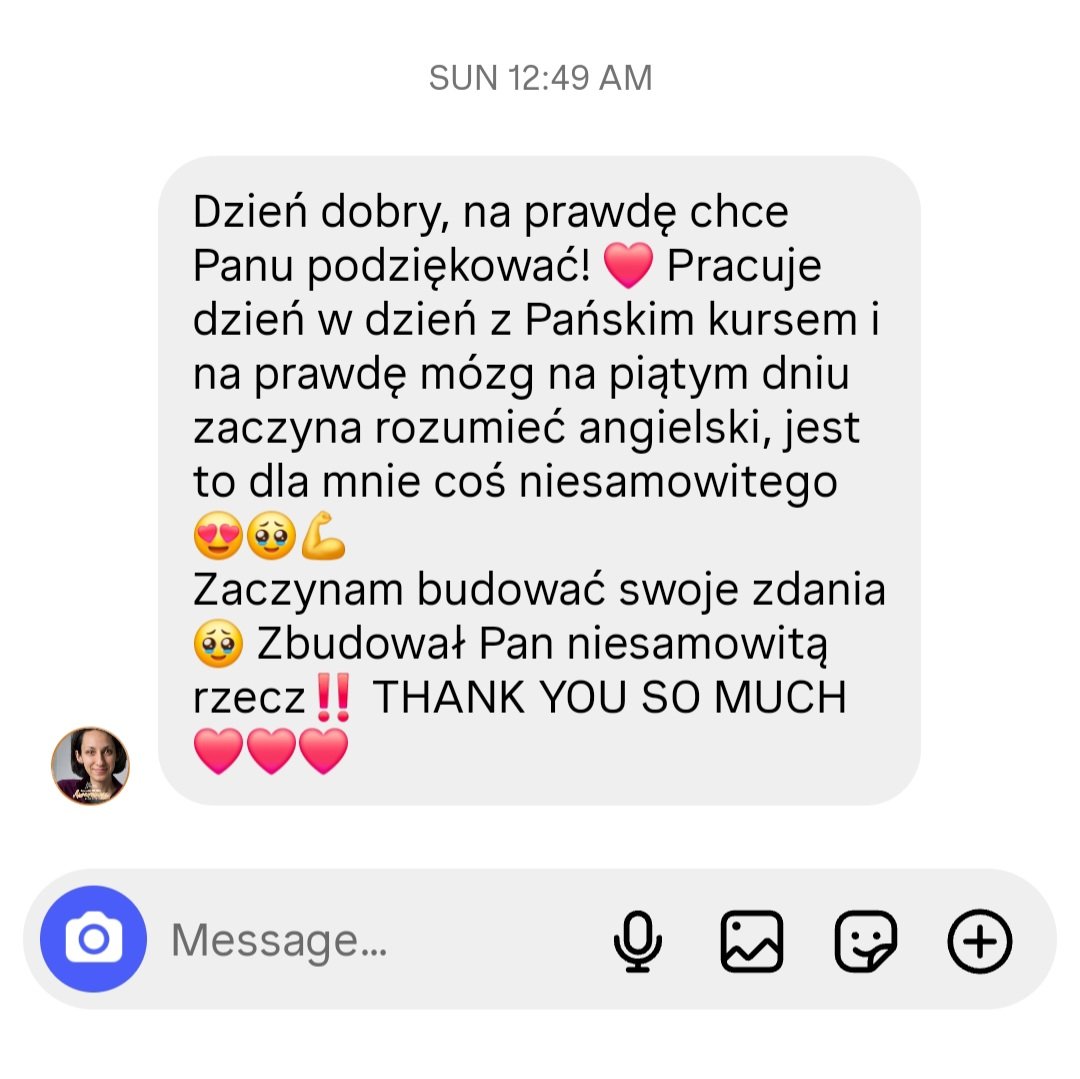 Magda dziękuje za kurs i pisze, że zaczyna budować swoje zdania